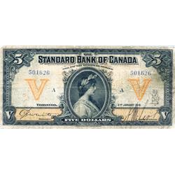 THE STANDARD BANK OF CANADA.  $5.00.  Jan. 2, 1919.  CH-695-18-12.  No. 501626/A.  PMG graded Fine-1