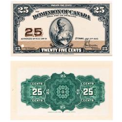 DOMINION OF CANADA.  25 CENTS.  July 2, 1923.  DC-24aP.  Full colour, thin paper Face and Back Proof