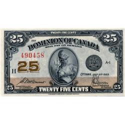 DOMINION OF CANADA.  25 CENTS.  July 2, 1923.  DC-24c.  McCavour-Saunders.  No. 490458.  Check lette