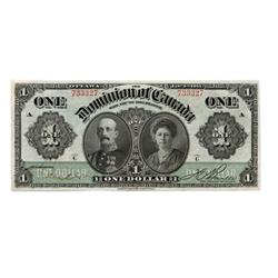 DOMINION OF CANADA.  $1.00.  Jan. 3, 1911.  DC-18a.  No. 733327/A.  Green line.  Extra Fine.