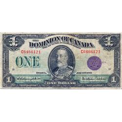 DOMINION OF CANADA.  $1.00.  July 2, 1923.  DC-25l.  Campbell-Sellar.  Purple Seal.  No. C6466121/D.