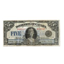 DOMINION OF CANADA.  $5.00.  May 26, 1924.  DC-27.  No. A002247/D.  PMG graded Fine-12 NET.  An affo