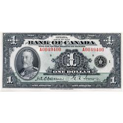 BANK OF CANADA.  $1.00.  1935 Issue.  BC-1.  English Text.  No. A0049400/B.  A rare Radar note from 