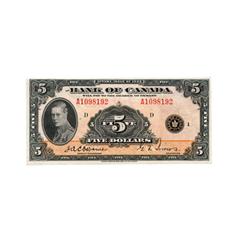 BANK OF CANADA.  $5.00.  1935 Issue.  BC-5.  English Text.  No. A1098192/D.  PMG graded Choice Unc-6