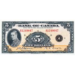 BANK OF CANADA.  $5.00.  1935 Issue.  BC-5.  English Text.  No. A1249047/B.  Fine+.