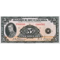 BANK OF CANADA.  $5.00.  1935 Issue.  BC-6.  French Text.  No. F008501/C.  PCGS graded Unc-62.  Brig