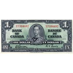 BANK OF CANADA.  $1.00.  1937 Issue.  BC-21b.  Gordon-Towers. Narrow Panel.  No. H/A7394897.  Choice