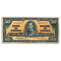 BANK OF CANADA.  $50.00.  1937 Issue.  BC-26a.  Osborne-Towers.  No. A/H0040977.  PMG graded Fine-15