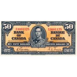 BANK OF CANADA.  $50.00.  1937 Issue.  BC-26b.  Gordon-Towers.  No. B/H3091125.  CCCS graded Extra F