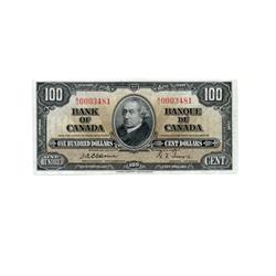 BANK OF CANADA.  $100.00.  1937 Issue.  BC-27a. Osborne-Towers. No. A/J0003481.  CCCS graded Unc-63.