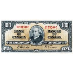 BANK OF CANADA.  $100.00.  1937 Issue.  BC-27b. Gordon-Towers.  No. B/J2535065.  Extra Fine.  Ex. Lo