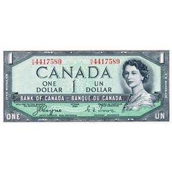 BANK OF CANADA.  $1.00.  1954 Issue.  'Devil's Face'. BC-29a.  No. H/A4417589.  PCGS graded Unc-64. 