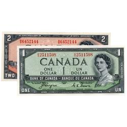 BANK OF CANADA.  $1.00.  1954 Issue.  'Devil's Face'. BC-29a. No. B/A2511598. Unc;  $2.00.  1954 Iss