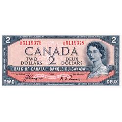 BANK OF CANADA.  $2.00.  1954 Issue.  BC-30b.  'Devil's Face' Issue.  Beattie-Coyne.  No. D/B5119378