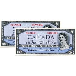 BANK OF CANADA.  $5.00.  1954 Issue.  BC-31a.  'Devil's Face'.  Coyne-Towers.  No. B/C3221903 & B/C3