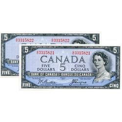 BANK OF CANADA.  $5.00.  1954 Issue.BC-31b.  'Devil's Face'.  Beattie-Coyne.  No. G/C3315821 & G/C33