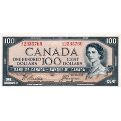 BANK OF CANADA.  $100.00.  1954 Issue.  BC-35b.  'Devil's Face'.  Beattie-Coyne.  No. A/J2335769.  P
