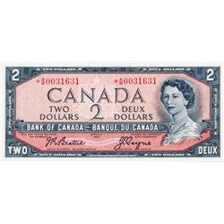 BANK OF CANADA.  $2.00.  1954 Issue.  BC-38aA.  Modified.  No. *A/B0031631.  PMG graded Unc-64.