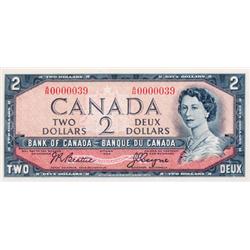 BANK OF CANADA.  $2.00.  1954 Issue.  BC-38a.  Modified.  No. A/R0000039.  A low serial numbered not