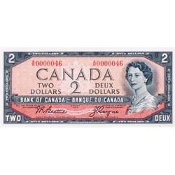 BANK OF CANADA.  $2.00.  1954 Issue.  BC-38a.  Modified.  No. A/R0000046.  A low serial numbered not