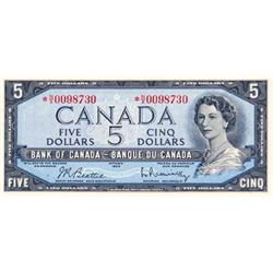 BANK OF CANADA.  $5.00.  1954 Issue.  BC-39bA.  Modified.  No. */X0098730. PCGS graded Choice Unc-64