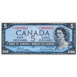 BANK OF CANADA.  $5.00.  1954 Issue.  BC-39bA.  Modified.  No. *I/X0018332.  PMG graded CH AU-58.