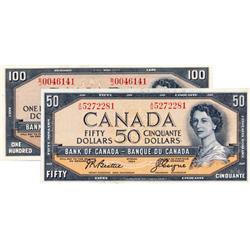 BANK OF CANADA.  $50.00.  1954 Issue.  BC-42a.  Modified. No. A/H5272281. AU;  $100.00.  1954 Issue.