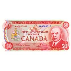 BANK OF CANADA.  $50.00.  1975 Issue.  BC-51a.  Lawson-Bouey.  No. HA0000017.  A Low Serial numbered