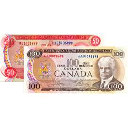 BANK OF CANADA.  $50.00.  1975 Issue.  BC-51a.  Lawson-Bouey.  No. HC405999.  AU;  $100.00.  1975 Is