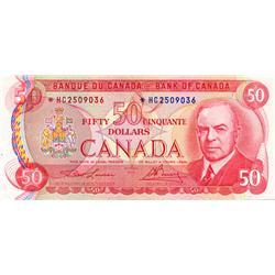 BANK OF CANADA.  $50.00.  1975 Issue.  BC-51aA.  Lawson-Bouey.  No. *HC2409036.  CCCS graded Very Fi