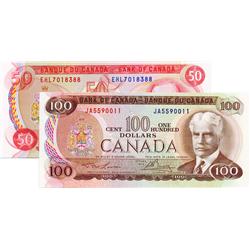 BANK OF CANADA.  $50.00.  1975 Issue.  BC-51b.  Crow-Bouey.  No. EHL7018388.  Unc;  $100.00.  1975 I