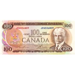 BANK OF CANADA.  $100.00.  1975 Issue.  BC-52a.  Lawson-Bouey.  No. JD4336809.  CCCS graded Choice U