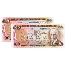 BANK OF CANADA.  $100.00.  1975 Issue.  BC-52a-i.  Lawson-Bouey.  No. AJB5933632 & AJB5933633.  Lot 