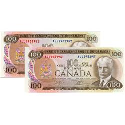 BANK OF CANADA.  $100.00.  1975 Issue.  BC-52b.  Crow-Bouey.  No. AJJ2952951 & AJJ2952952.  Lot of t