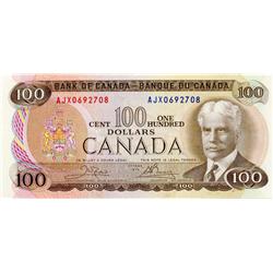 BANK OF CANADA.  $100.00.  1975 Issue.  BC-52bA.  Crow-Bouey.  No. AJX0692708.  CU.