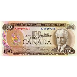 BANK OF CANADA.  $100.00.  1975 Issue.  BC-52bA.  Crow-Bouey.  No. AJX0597295.  Bright and crisp AU-