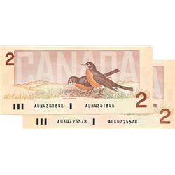 BANK OF CANADA.  $2.00.  1986 Issue.  BC-55a.  Crow-Bouey.  No. AUN4351845.  No. AUK4725578.  Both C