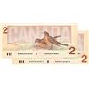 Image 1 : BANK OF CANADA.  $2.00.  1986 Issue.  BC-55a.  Crow-Bouey.  No. AUN4351845.  No. AUK4725578.  Both C