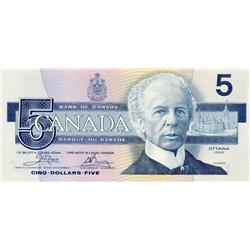 BANK OF CANADA.  $5.00.  1986 Issue.  BC-56aA.  Crow-Bouey.  Yellow B.P.N.  No.  ENX0831988.  CU.