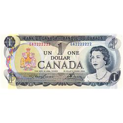 BANK OF CANADA.  $1.00.  1973 Issue.  BC-46a.  No. GA2222222.  A solid Radar note.  PCGS graded Choi