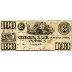 THE CITIZEN'S BANK of Madison County. Canton, Miss.  $100.00.  July 19, 1838.  No. 161/A.  Back plai