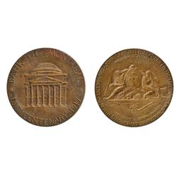 Obv: BANK OF MONTREAL/1817 CENTENARY 1917. Building;  Rev: Shield, with two Indians.  Copper.  34mm.