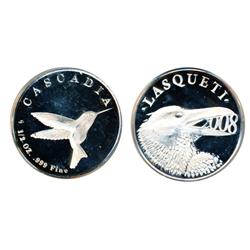Lasqueti Mint.  1997/2007.  Obv: LASQUETI/1997/2007. Frog.  Rev: CASCADIA. 1/2 oz. .999 Fine. Hummin