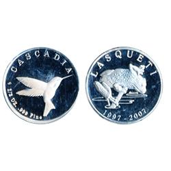 Lasqueti Mint.  Obv: LASQUETI/2005.  Naked woman with swirling hair.  Rev: CASCADIA. 1/2 oz. .999 Fi
