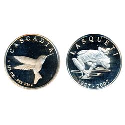 Lasqueti Mint.  Obv: LASQUETI/2008.  Crow eating date.  Rev: CASCADIA. 1/2 oz.  .999 Fine.  Hummingb