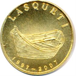 Lasqueti Mint.  2007. Obv: Dory. LASQUETI/1997-2007. Rev: 1/10 oz./.9999 Gold.  Marijuana plants. (C