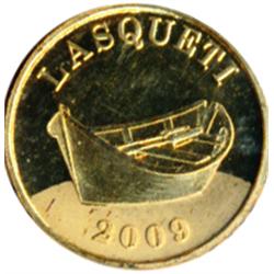 Lasqueti Mint.  2009. Obv: Dory. LASQUETI/2009. Rev: 1/10 oz./.9999 Fine Mammoth Gold.  Marijuana pl