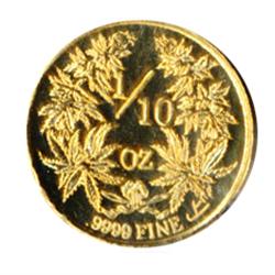 Lasqueti Mint.  2009. Obv: Dory. LASQUETI/2009. Rev: 1/10 oz./.9999 Fine Mammoth Gold.  Marijuana pl