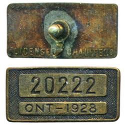 Ontario Chauffeur's Badge.  Brass.  Obv: No. 20222. Ont. 1928.  Rev: License Chauffeur/pin.