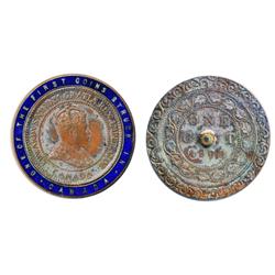 1908 Canadian Large Cent encased in a small brass ring and enameled in blue.  'One of the First Coin